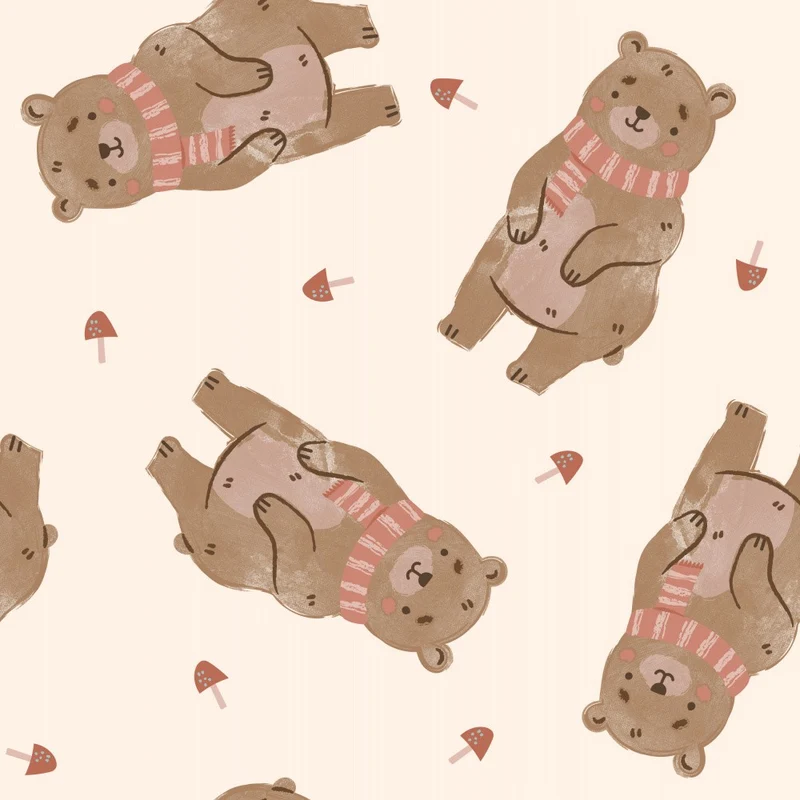 Cute Bears Among Forest Mushrooms