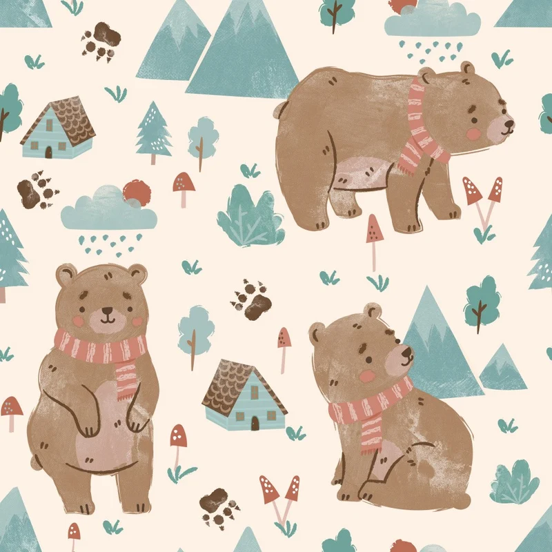 Cute Bears Among Forest Trees and Mountains