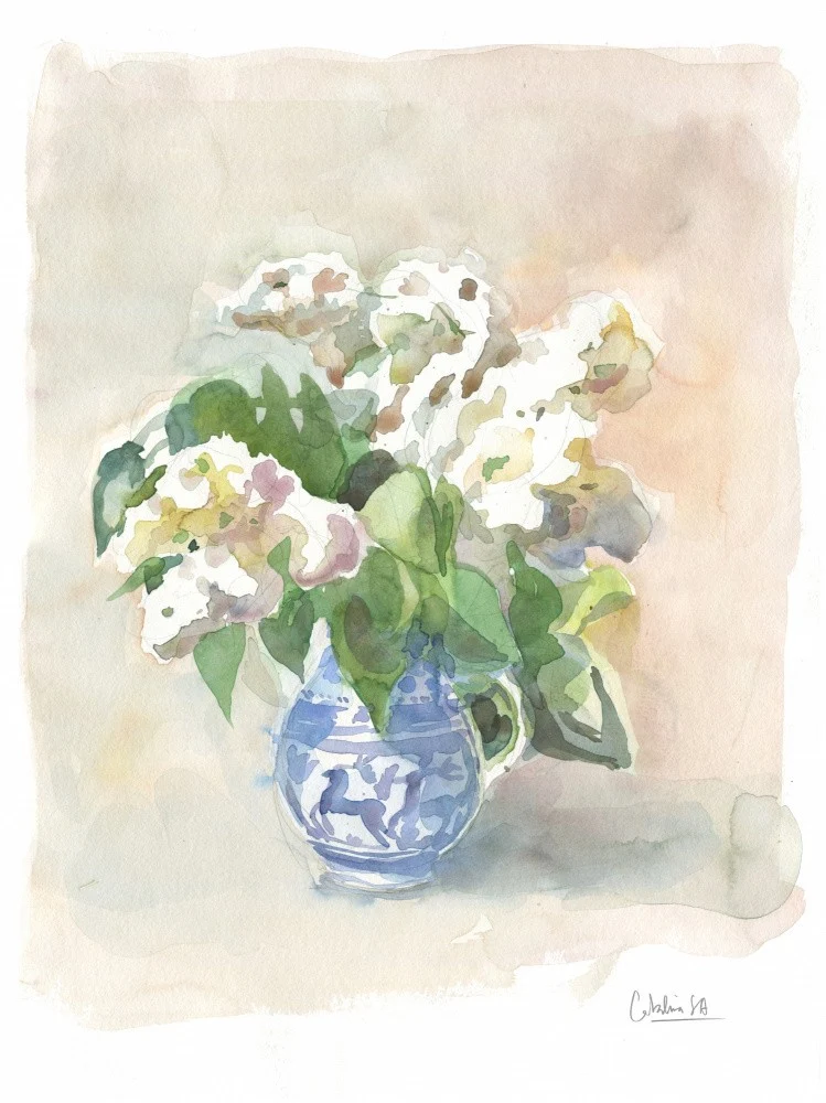 White lilacs in a vase watercolor.